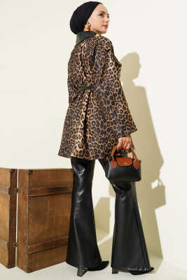 Deri Yaka Garnili Leopar Desenli Ceket Latte - Ceket