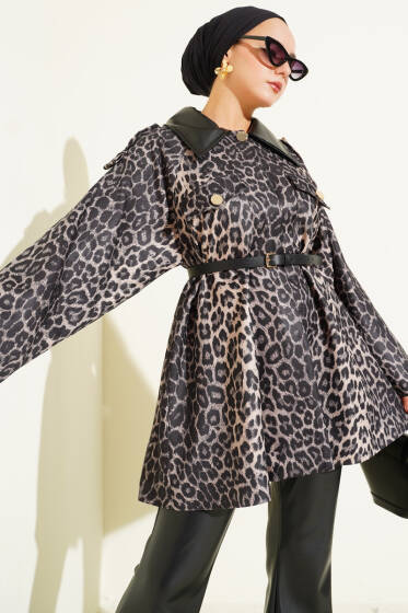 Deri Yaka Garnili Leopar Desenli Ceket Siyah - Ceket