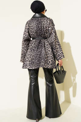 Deri Yaka Garnili Leopar Desenli Ceket Siyah - Ceket