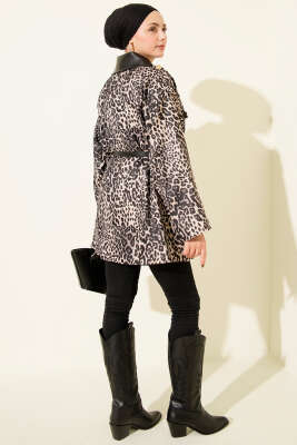 Deri Yaka Garnili Leopar Desenli Ceket Taş - Ceket