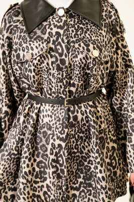 Deri Yaka Garnili Leopar Desenli Ceket Taş - Ceket