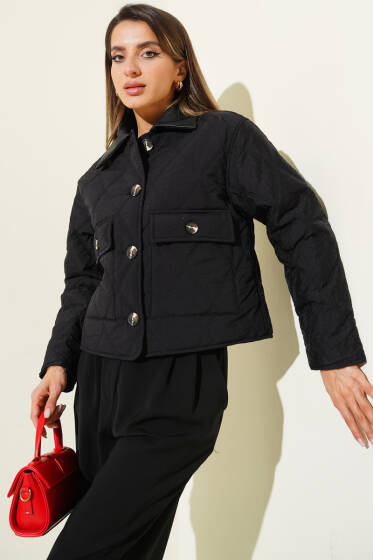 Deri Yaka Kapitone Kısa Mont Siyah - Kadın Giyim Modelleri