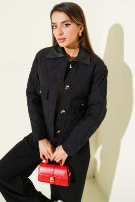 Deri Yaka Kapitone Kısa Mont Siyah - Kadın Giyim Modelleri