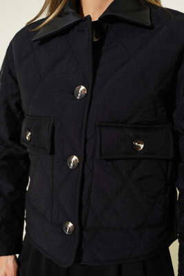 Deri Yaka Kapitone Kısa Mont Siyah - Kadın Giyim Modelleri