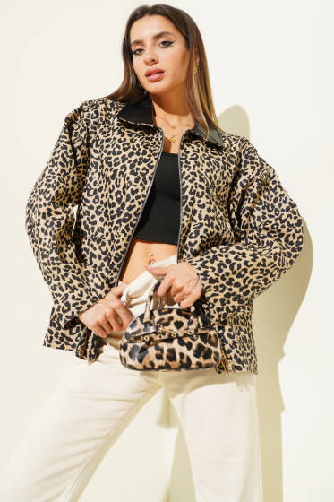 Deri Yakalı Leoparlı Gabardin Ceket Bej - Kadın Giyim Modelleri