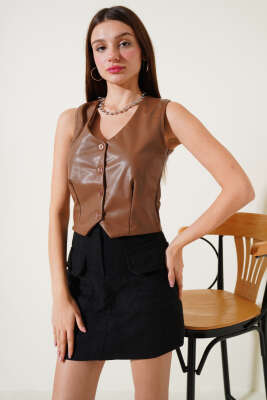 	 Deri Yelek Taba - Kadın Giyim Modelleri