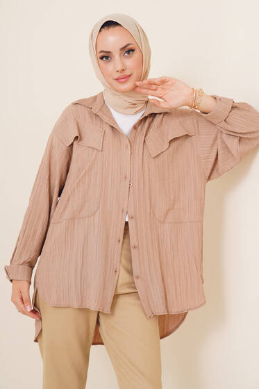 Derin Cepli Bürümcük Gömlek Bej - Gömlek