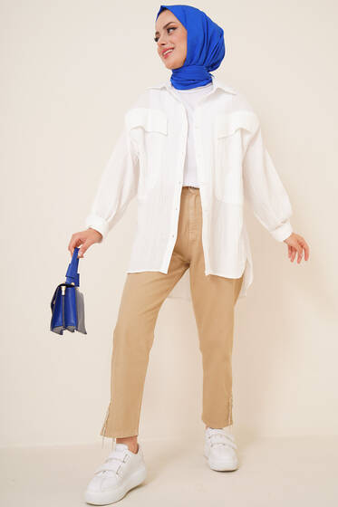 Derin Cepli Bürümcük Gömlek Ekru - Tesettür Elbise