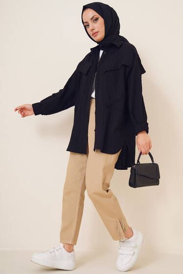 Derin Cepli Bürümcük Gömlek Siyah - Gömlek