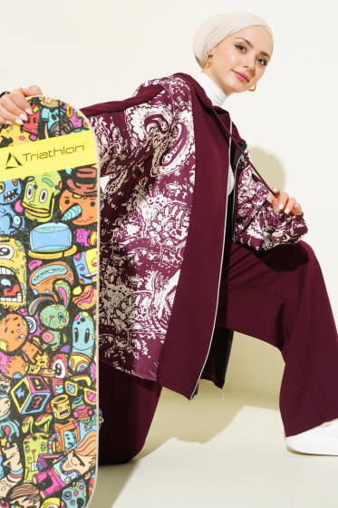 Desen Detaylı Kapüşonlu İkili Takım Bordo - İkili Takım