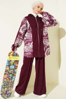 Desen Detaylı Kapüşonlu İkili Takım Bordo - İkili Takım
