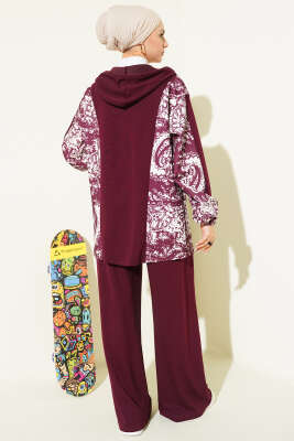 Desen Detaylı Kapüşonlu İkili Takım Bordo - İkili Takım