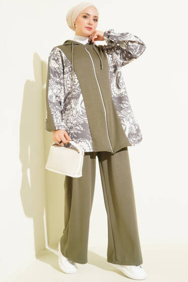 Desen Detaylı Kapüşonlu İkili Takım Haki - İkili Takım