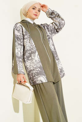 Desen Detaylı Kapüşonlu İkili Takım Haki - İkili Takım