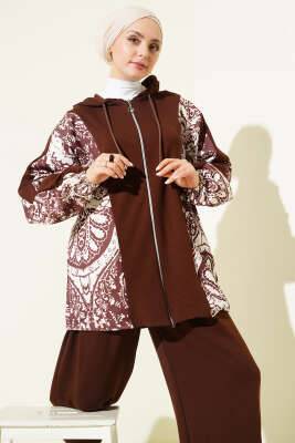 Desen Detaylı Kapüşonlu İkili Takım Kahve - İkili Takım