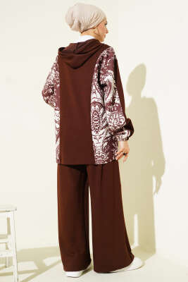 Desen Detaylı Kapüşonlu İkili Takım Kahve - İkili Takım