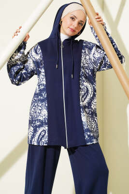 Desen Detaylı Kapüşonlu İkili Takım Lacivert - İkili Takım
