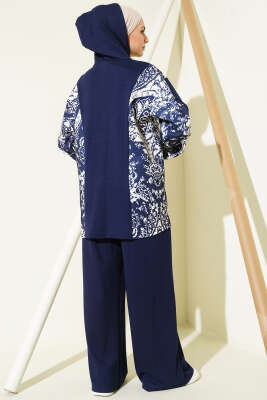 Desen Detaylı Kapüşonlu İkili Takım Lacivert - İkili Takım