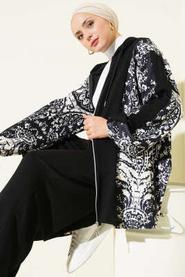 Desen Detaylı Kapüşonlu İkili Takım Siyah - İkili Takım