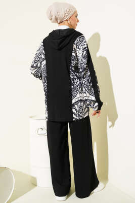 Desen Detaylı Kapüşonlu İkili Takım Siyah - İkili Takım