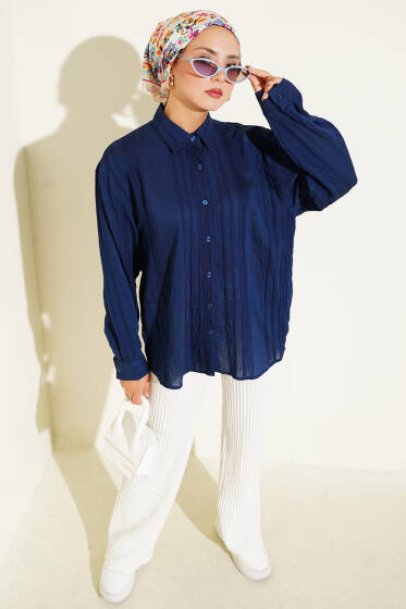 Desen Detaylı Salaş Gömlek Lacivert - Yılın Fırsatı 