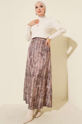Desen Detaylı Saten Etek Kahve - Etek