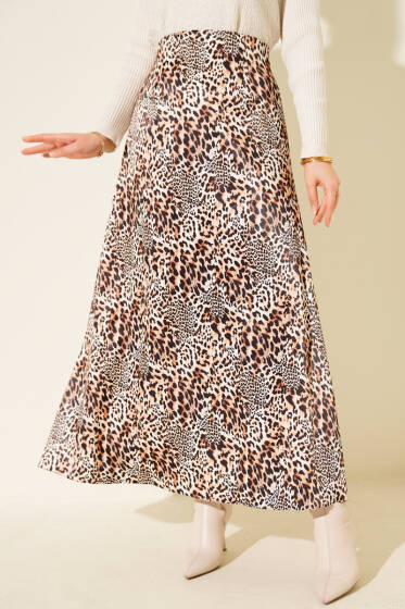 Desen Detaylı Saten Etek Leopar - Etek