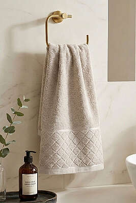 Desen Detaylı Şerit Geçişli El ve Yüz Havlusu Bej - MAHİR HAVLU