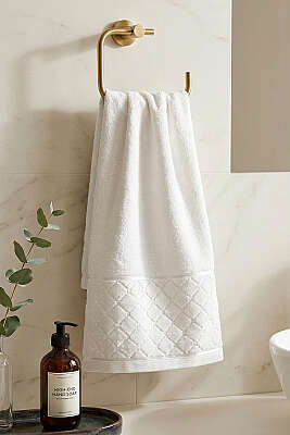 Desen Detaylı Şerit Geçişli El ve Yüz Havlusu Ekru - MAHİR HAVLU