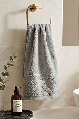 Desen Detaylı Şerit Geçişli El ve Yüz Havlusu Gri - MAHİR HAVLU