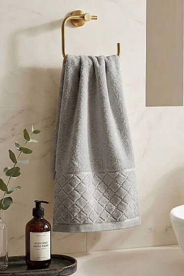 Desen Detaylı Şerit Geçişli El ve Yüz Havlusu Gri - El Havlusu