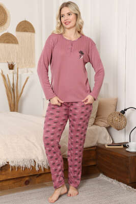Desen Fitilli Pijama Takımı Gül Kurusu 