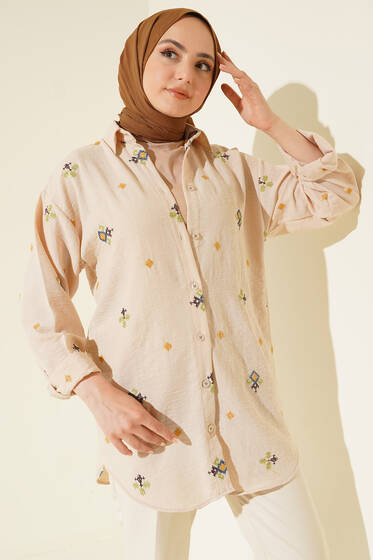 Desen İşlemeli Keten Gömlek Bej - Gömlek