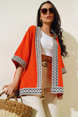 Desen Nakışlı Keten Kimono Oranj 