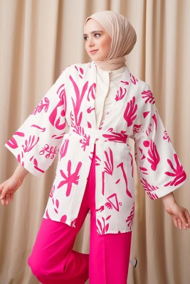 Desen Serisi Keten Kimono Fuşya - Thumbnail