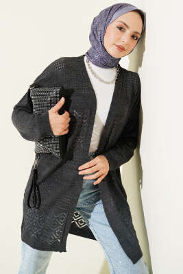Desenli Ajurlu Basic Triko Hırka Antrasit - VANİZA TRİKO