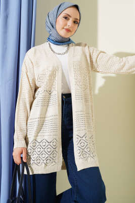 Desenli Ajurlu Basic Triko Hırka Bej - VANİZA TRİKO