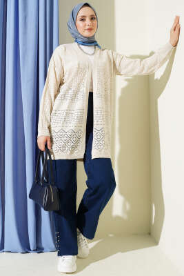 Desenli Ajurlu Basic Triko Hırka Bej - Hırka