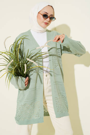 Desenli Ajurlu Basic Triko Hırka Çağla Yeşili - Hırka