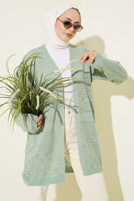 Desenli Ajurlu Basic Triko Hırka Çağla Yeşili 