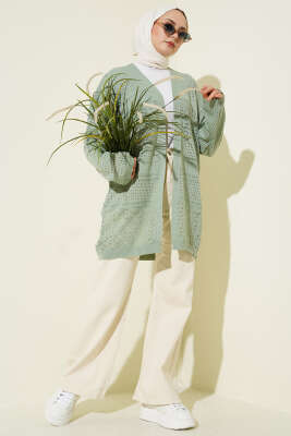 Desenli Ajurlu Basic Triko Hırka Çağla Yeşili - Yılın Fırsatı