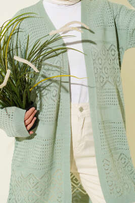 Desenli Ajurlu Basic Triko Hırka Çağla Yeşili - Yılın Fırsatı