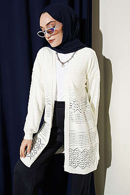 Desenli Ajurlu Basic Triko Hırka Ekru 