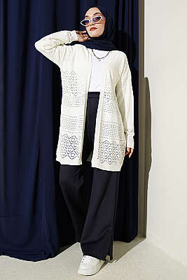 Desenli Ajurlu Basic Triko Hırka Ekru - Yılın Fırsatı