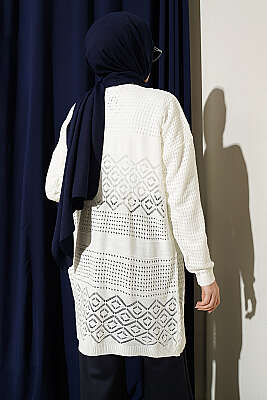 Desenli Ajurlu Basic Triko Hırka Ekru - Yılın Fırsatı