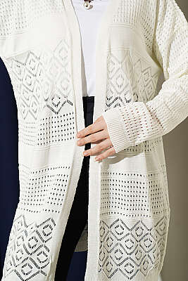 Desenli Ajurlu Basic Triko Hırka Ekru - Yılın Fırsatı