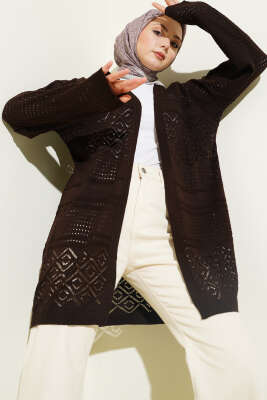 Desenli Ajurlu Basic Triko Hırka Kahve 