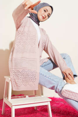 Desenli Ajurlu Basic Triko Hırka Pudra - VANİZA TRİKO