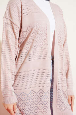 Desenli Ajurlu Basic Triko Hırka Pudra - Hırka