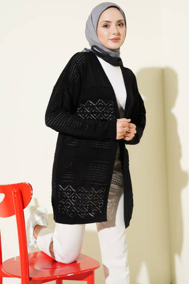 Desenli Ajurlu Basic Triko Hırka Siyah - Hırka